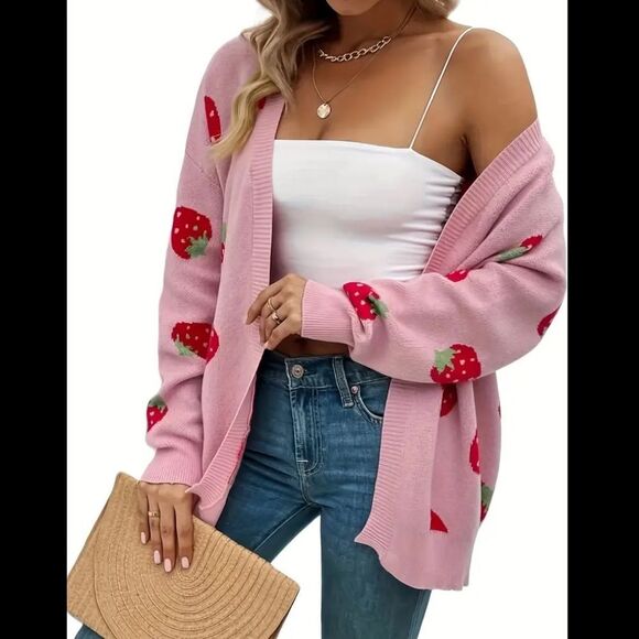 Women’s Pink Strawberry Cardigan Sweater - Picture 10 of 10